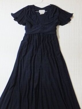 BHLDN Formal Dress Womens 8 Dark Blue V-neck Front Slit Short Sleeve Tied Poly